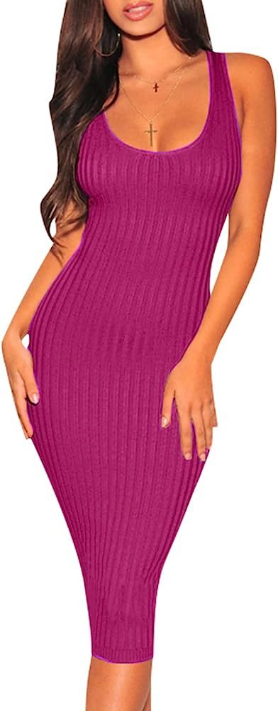 Women's Sexy Bodycon Tank Dresses Sleeveless Ribbed Knit Midi Club Dresses | Amazon (US)