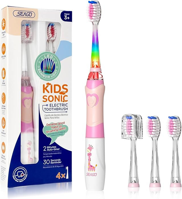 SEAGO Kids Electric Toothbrush with 2 Mins Timer and 4 Replacement Bursh Heads, Rainbow LED Light... | Amazon (US)