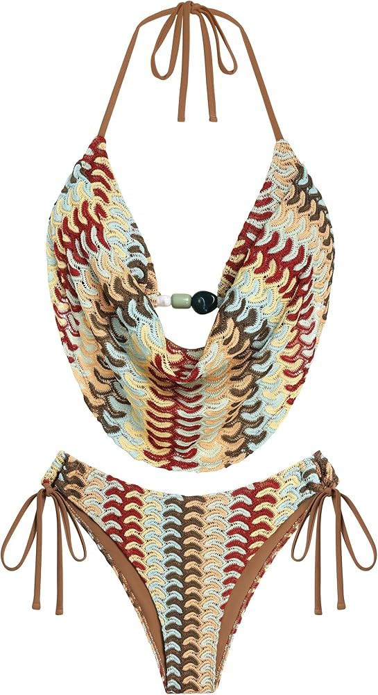 ZAFUL Women's Two Piece Bikini Sets Triangle Halter Swimsuit Deep V Cowl Neck Ruching Bathing Sui... | Amazon (US)