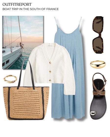 Blue maxi dress white cardigan handbag sunglasses sandals gold rings holiday vacation 

#LTKbag #LTKshoes #LTKstyletip