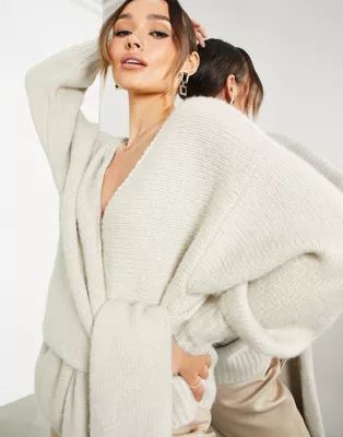ASOS EDITION tie front oversized knit cardigan in oatmeal | ASOS (Global)