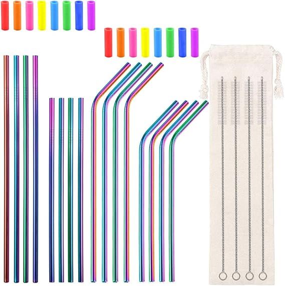 Lazycorner 16 Metal Straw Reusable Straws 8.5" 10.5" 6mm Stainless Steel Straws for Tumblers 20oz... | Amazon (US)