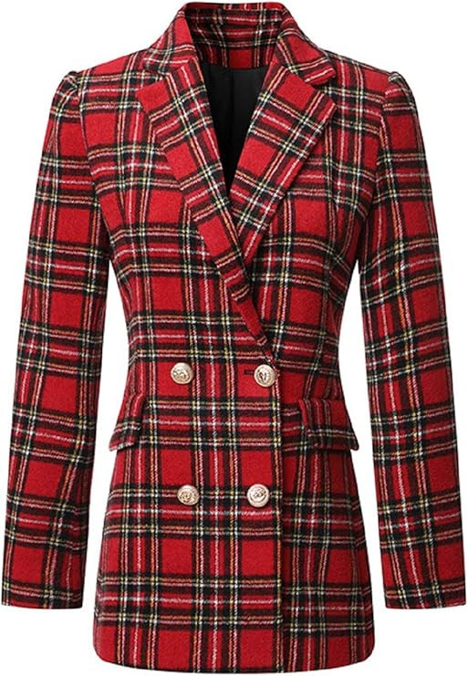 CHARTOU Women's Tailored Collar Slim Plaid Double Breasted Short Blazer Jacket | Amazon (US)