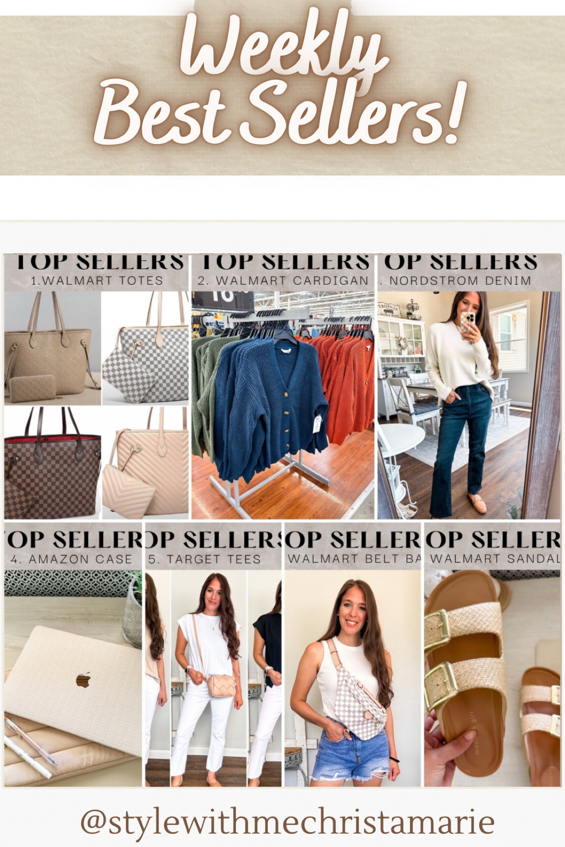 Weekly best sellers! 
1. Walmart totes 
2. Walmart cardigans 
3. Nordstrom jeans 
4. Amazon computer case
5. Target tee 
6. Walmart belt bag 
7. Walmart sandals 

#LTKStyleTip #LTKFindsUnder100 #LTKFindsUnder50