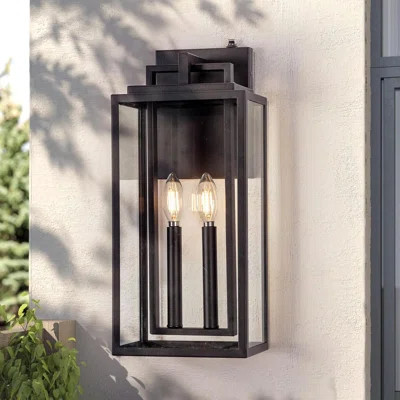 Dusk To Dawn Outdoor Wall Sconce, 20" Large Matte Black Waterproof Wall Lantern, 2-Light Exterior Porch Light With Clear Glass For House, Patio, Garag | Wayfair North America