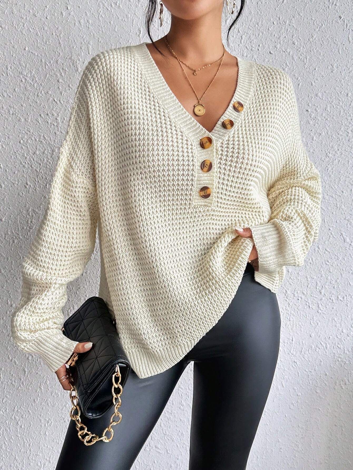 SHEIN Essnce Half Button Drop Shoulder Waffle Knit Sweater | SHEIN