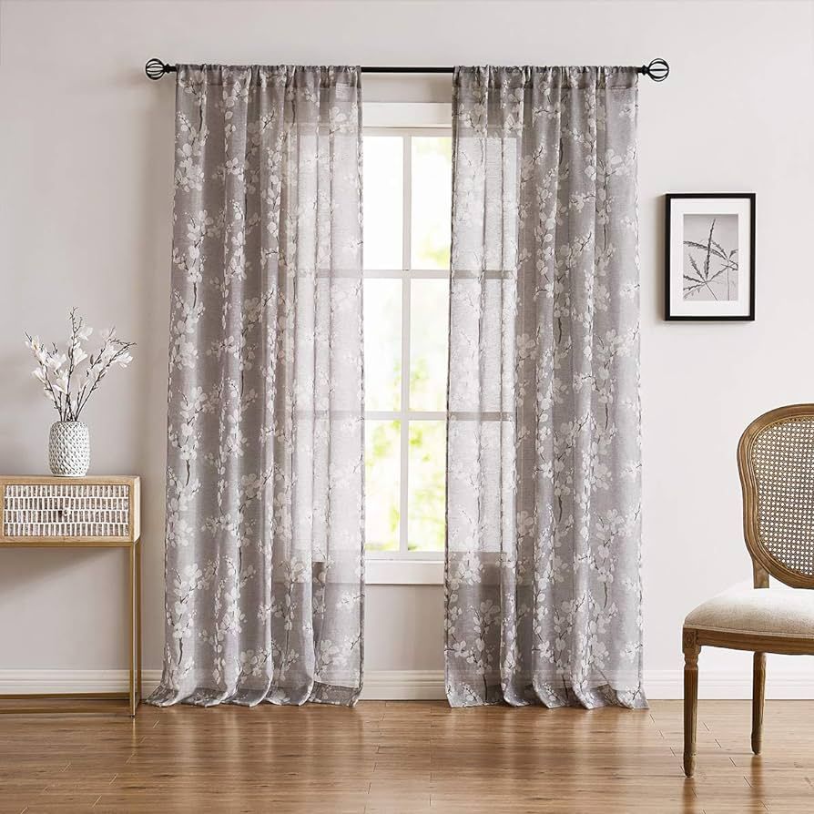 FMFUNCTEX Flax-Blend Sheer Curtains for Living-Room White Blossom Print Window Drapes 50"x 63" 2 ... | Amazon (US)