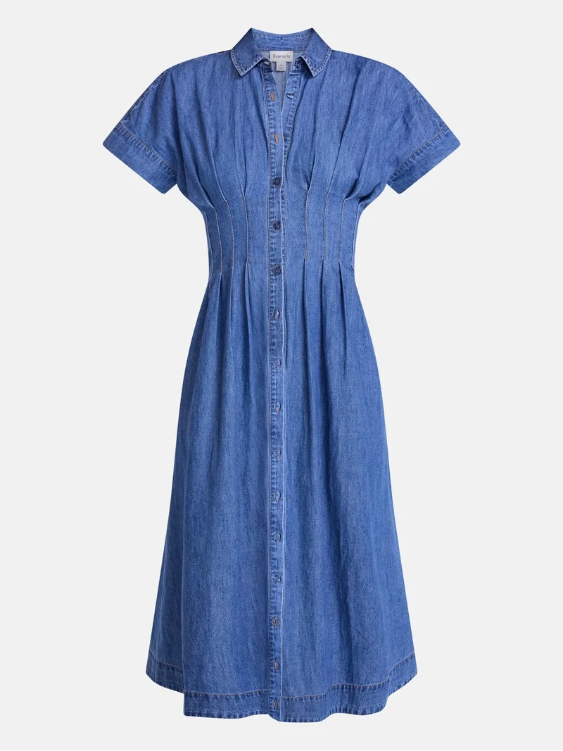 Scenario Women's and Women's Plus Pleated Waist Midi Shirtdress with Short Sleeves, Sizes XS-4X | Walmart (US)