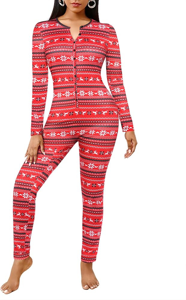 Ekouaer Womens Onesie Adult Button One Piece Pajama Long Sleeve Onesie Pajamas Jumpsuit Sleepwear... | Amazon (US)