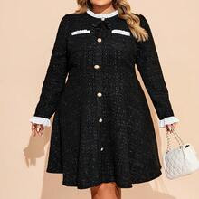 Plus Contrast Trim Bow Front Tweed Dress | SHEIN