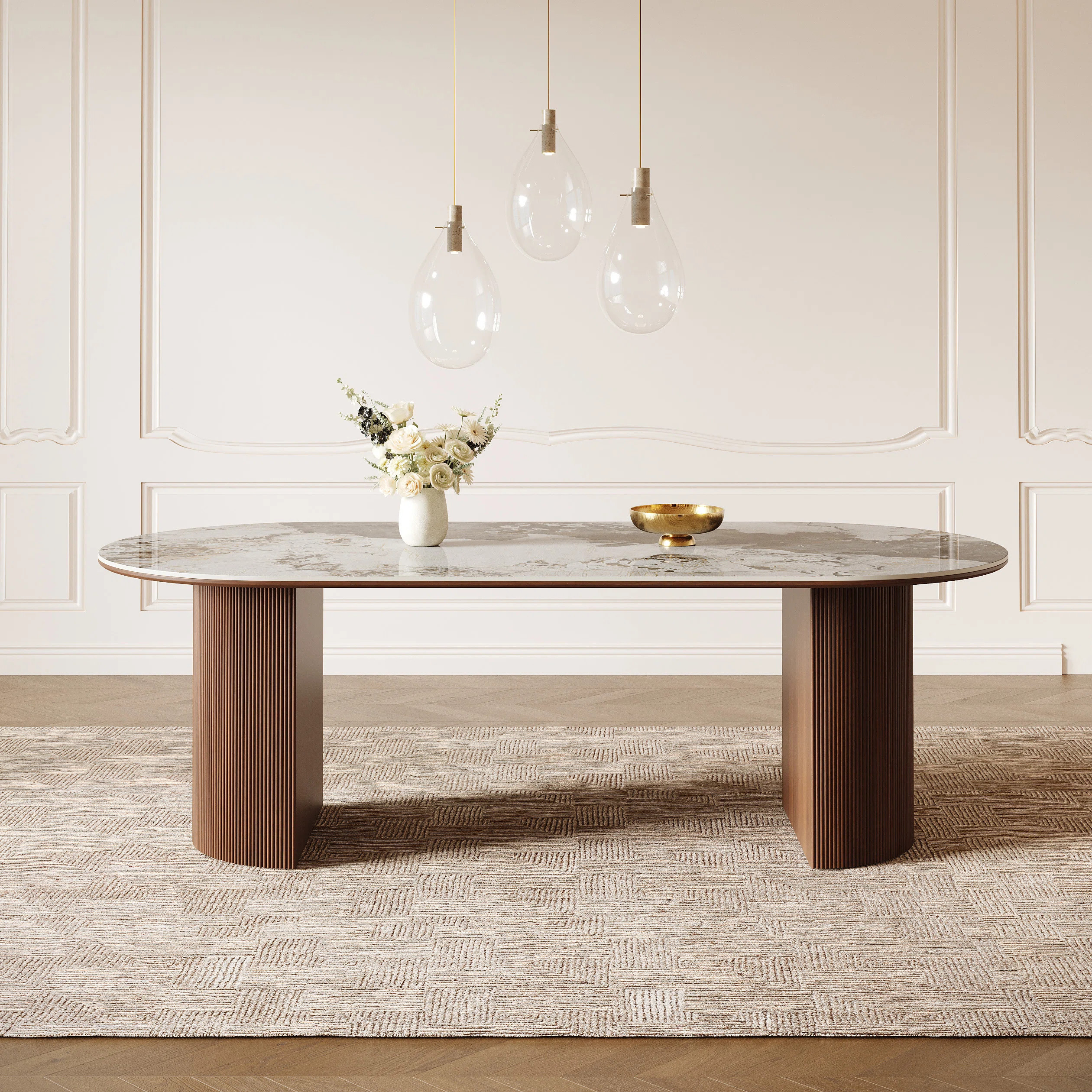 Iris Sintered Stone 78.7'' Solid Wood Pedestal Oval Dining Table Seat 8 | Wayfair North America