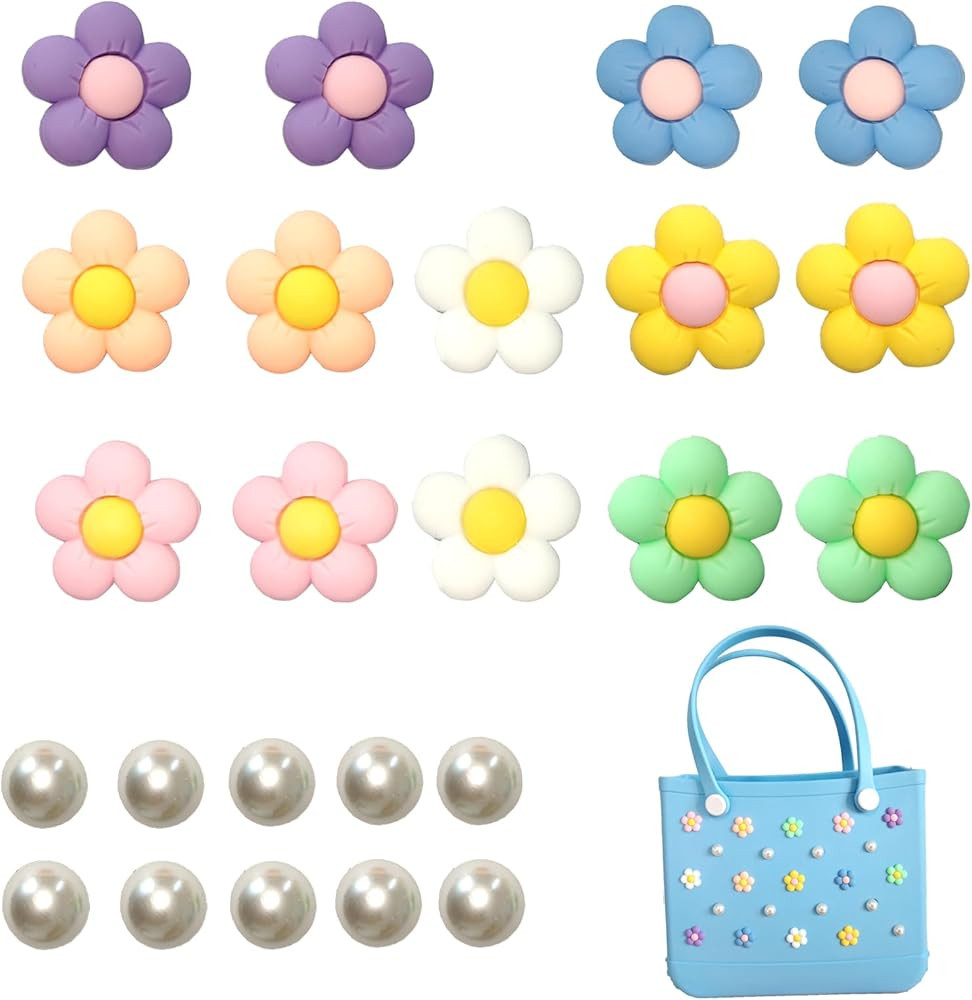 24 Pcs Charms for Bogg Bag,Accessories Charms for Bogg Bag,Pearls and Colorful Flowers for Bogg B... | Amazon (US)