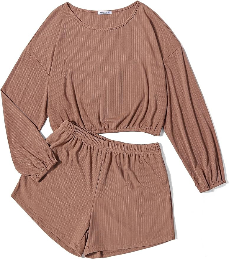 Ekouaer Ribbed Knit Lounge Sets for Women 2 Piece Sweatsuit Crop Tops and Shorts Matching Outfits... | Amazon (US)