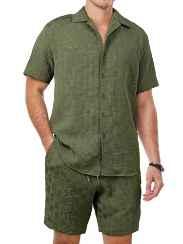 Dokotoo Men Summer Outfits for Men 2 Piece Matching Short Sleeve Button Up Jacquard Shirts and Shorts Sets Casual Cruise Wear Green L | Amazon (US)