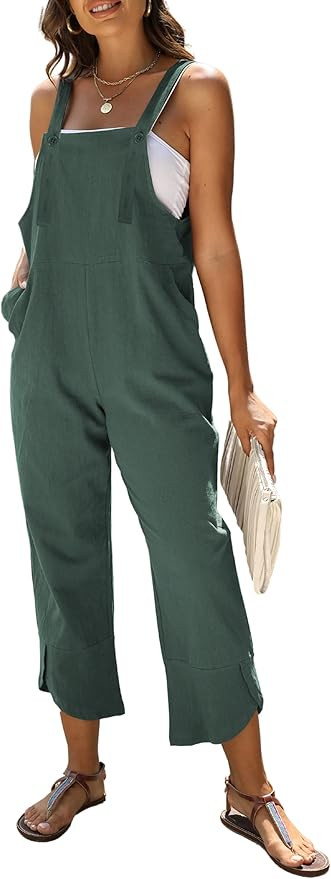 Mundoven Baggy Loose Linen Overalls for Women Dual Pockets Adjustable Straps Casual Bib Jumpsuit ... | Amazon (US)