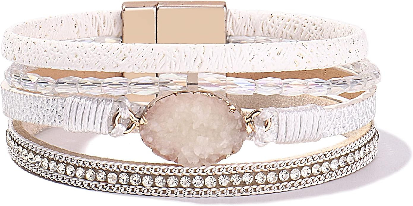 FANCY SHINY Leather Wrap Bracelet Boho Cuff Bracelets Crystal Bead Bracelet with Magnetic Clasp f... | Amazon (US)