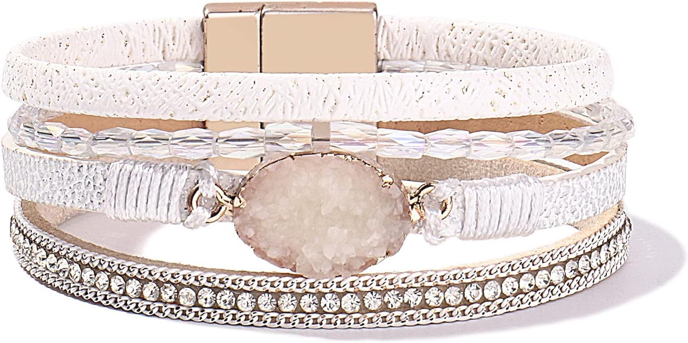 FANCY SHINY Leather Wrap Bracelet Boho Cuff Bracelets Crystal Bead Bracelet with Magnetic Clasp f... | Amazon (US)