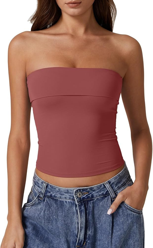 QINSEN Women's Tube Tops Strapless Bandeau Tops Double Lined Slim Fit Summer Going Out Tank Tops | Amazon (US)