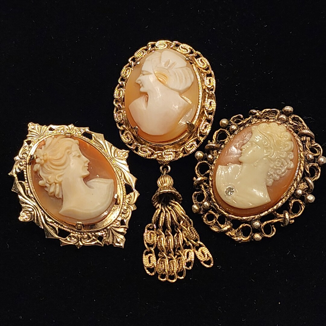 Vintage Lot of 3 Carved Beautiful Lady Brooch Pins Cameo Pendants Gold Colored - Etsy | Etsy (US)