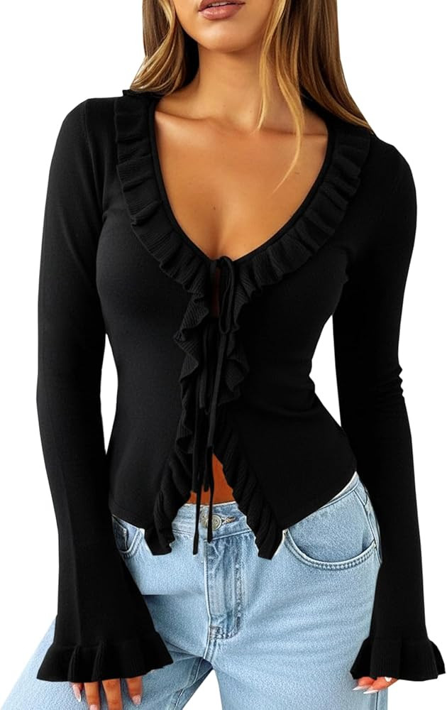 Navneet Women Ruffle Tie Front Cardigan Sweater Long Bell Sleeve Cropped Knit Sweater Top | Amazon (US)