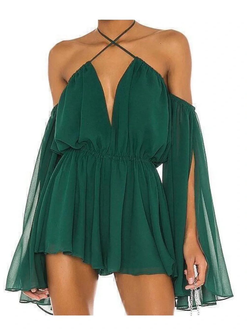 REVOLVE Emerald Green Off-Shoulder Chiffon Romper | Poshmark