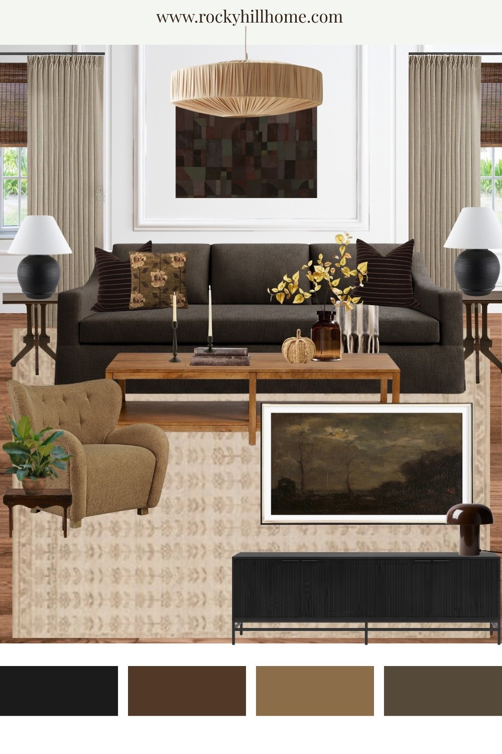 Warm and Moody Living Room Mood Board

Tonal brown color palette with lots of contrast, brown pottery barn sofa, affordable living room chair, moody art, frame tv art, black lamps, tv stand, and fall decor.  

#LTKSeasonal #LTKStyleTip #LTKHome