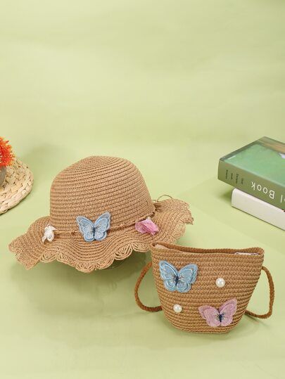 Girls Butterfly Decor Straw Bag With Straw Hat | SHEIN