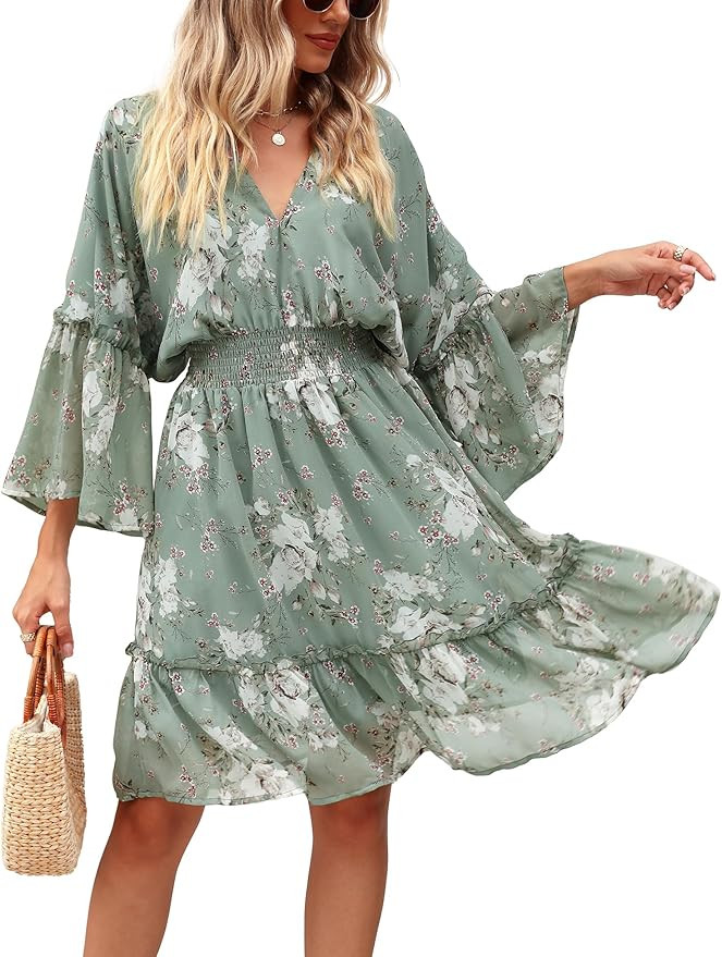 Jollycode Women's Spring Summer 2023 Floral Mini Dress Boho A Line Chiffon Dress Casual Batwing S... | Amazon (US)