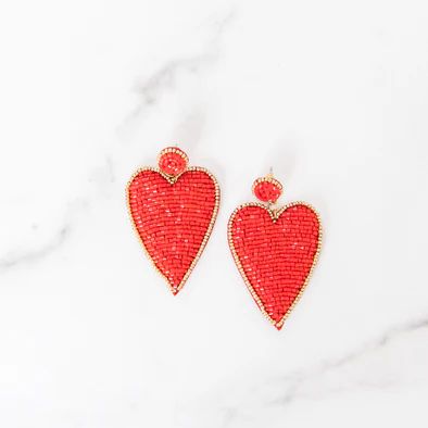 Large Red Beaded Heart Earrings | Golden Thread