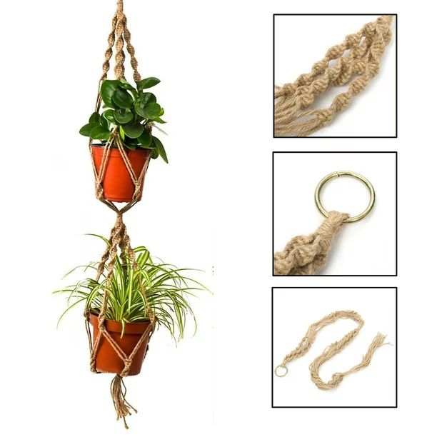 43.3" Durable Double Layer Macrame Plant Hanger Jute Rope Hanging Planter Basket, Hold Two Plant ... | Walmart (US)