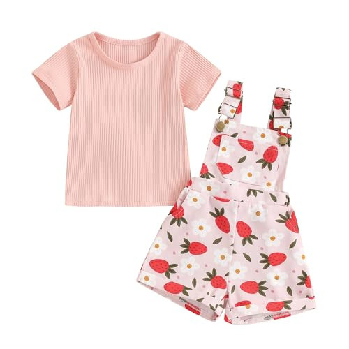 fhutpw Toddler Baby Girls Summer Outfits Daisy Ruffle Short Sleeve T-Shirts Tops Floral Shorts 2Pcs Clothes Set 6M-4T (Ribbed Shirt + Strawberry Suspender Pink, 3-4T) | Amazon (US)