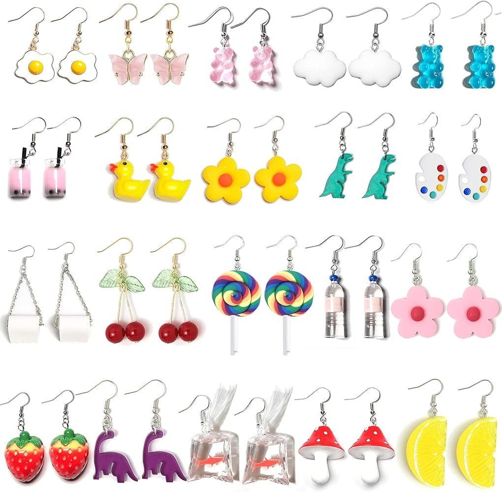 20 Pairs Weird Earrings Funny Earrings Gummy Bear Duck Water Bottle Fish Dinosaur Mushroom Butterfly | Amazon (US)