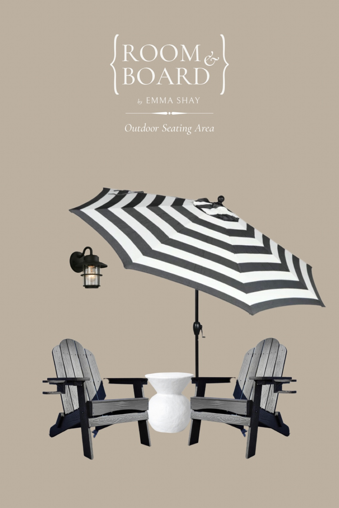 Modern cottage outdoor seating area. Adirondack chairs. Striped umbrella. 

#LTKhome