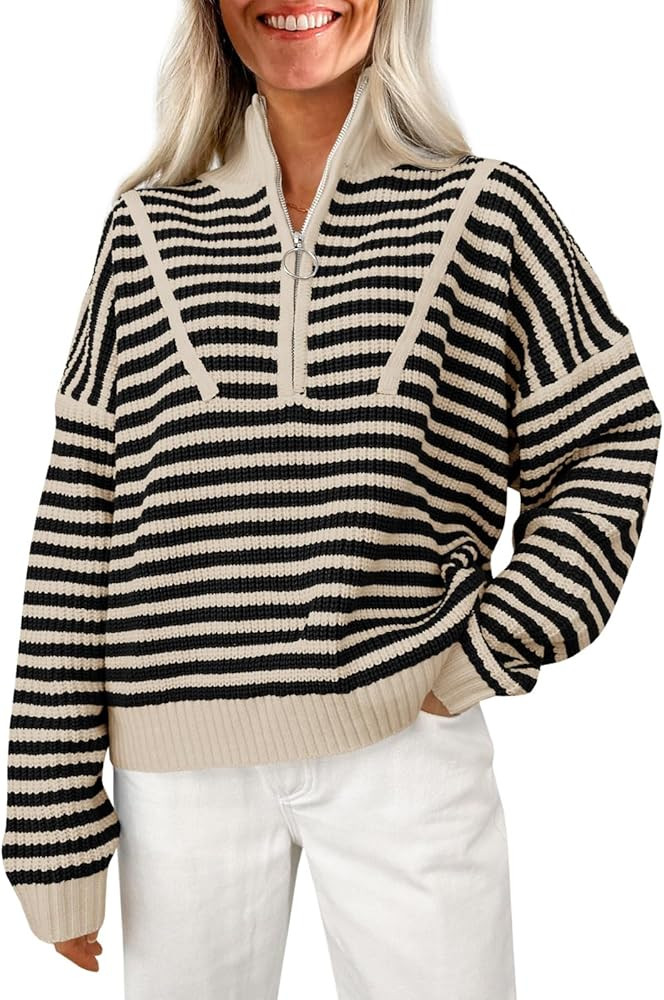 Saodimallsu Womens Striped Sweaters Quarter Zip V Neck Collared Long Sleeve Ribbed Knit Loose Pul... | Amazon (US)