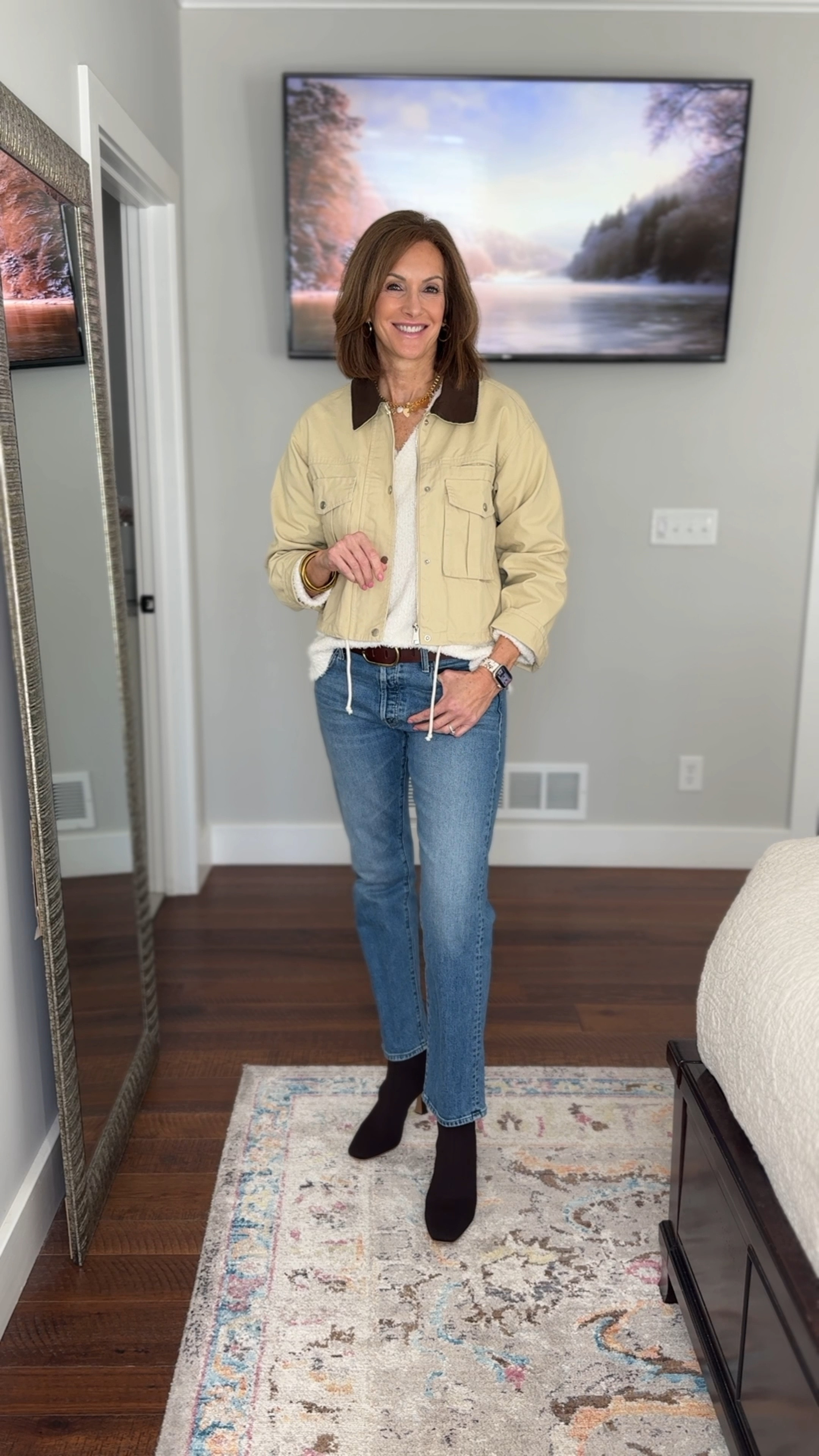 Barn Jackets on the rise! 

Cropped and regular length versions are both medium 

Fuzzy Sweater - M 
My exact one is almost sold out but I found a very very similar one! 

Jeans - 29

Boots - 10.5

Bracelet Discount - anniek20

Spring transition style
Casual style 
Winter style 

#LTKWatchNow #LTKShoeCrush #LTKStyleTip