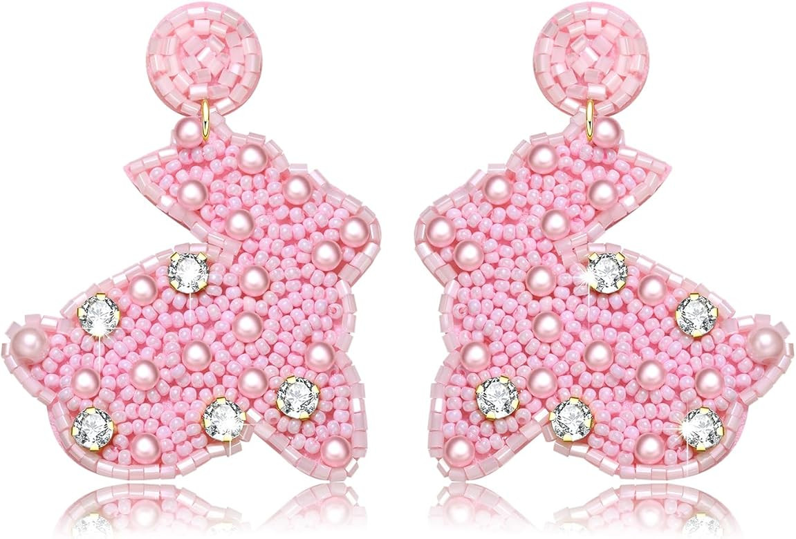 NVENF Beaded Easter Earrings for Women Easter Rabbit Bunny Dangle Earrings Sparkling Pearl Bead D... | Amazon (US)