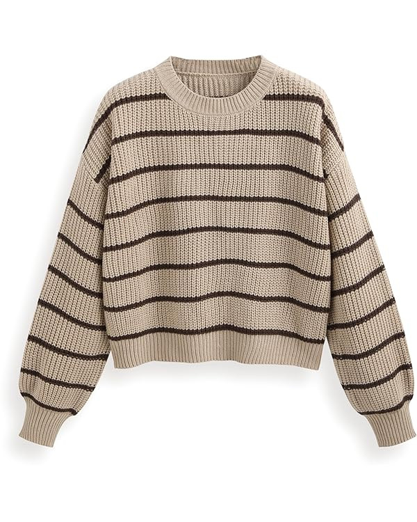 CIDER Women’s Cropped Striped Sweater Long Sleeve Crew Neck Trendy Pullover Tops | Amazon (US)