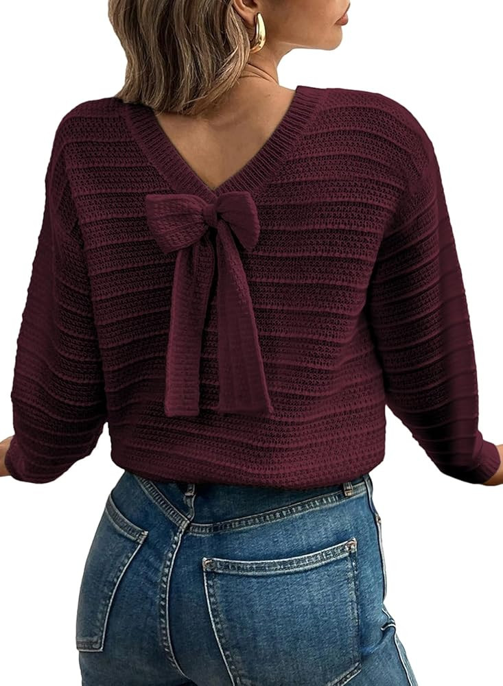 EVALESS Sweaters for Women Long Sleeve Fall Outfits 2025 Back Bow Knot Sweaters Round Neck Solid ... | Amazon (US)