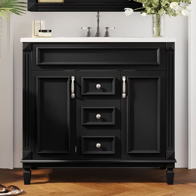 Okak 36" Bathroom Vanity with Ceramic Sink Modern Multi-function Bathroom Cabinet with 2 Soft Closing Doors and 2 Drawers Solid Wood Frame, Black | Target
