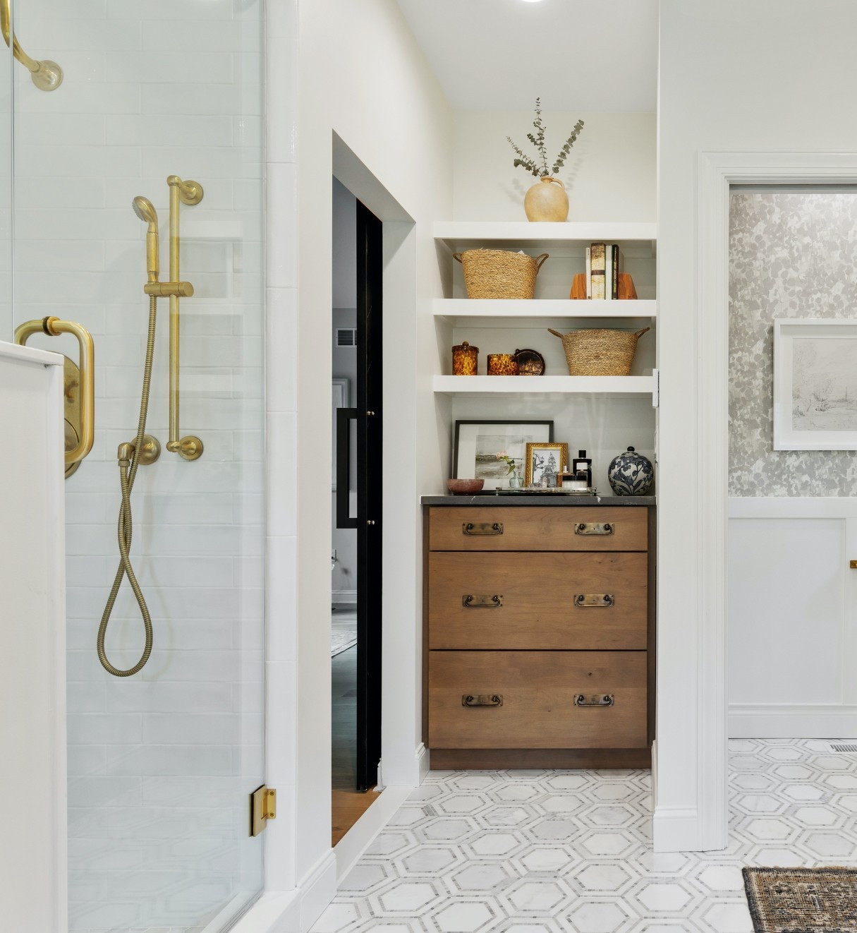 Styling open shelving - start with something centered at the top then fill the right and left of next few shelves. 

#LTKFindsUnder100 #LTKHome #LTKselfcare