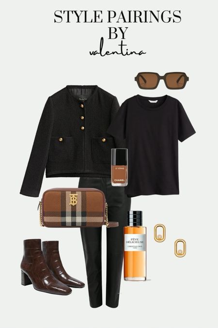 New in, style pairings, new season, aw22, fall styles, fall fashion, outfit inspiration, cropped jacket, Chanel, Dior perfume, square glasses, brown ankle boots, black T-shirt, Burberry bag, gold pearl studs, leather trousers 

#LTKstyletip #LTKSeasonal