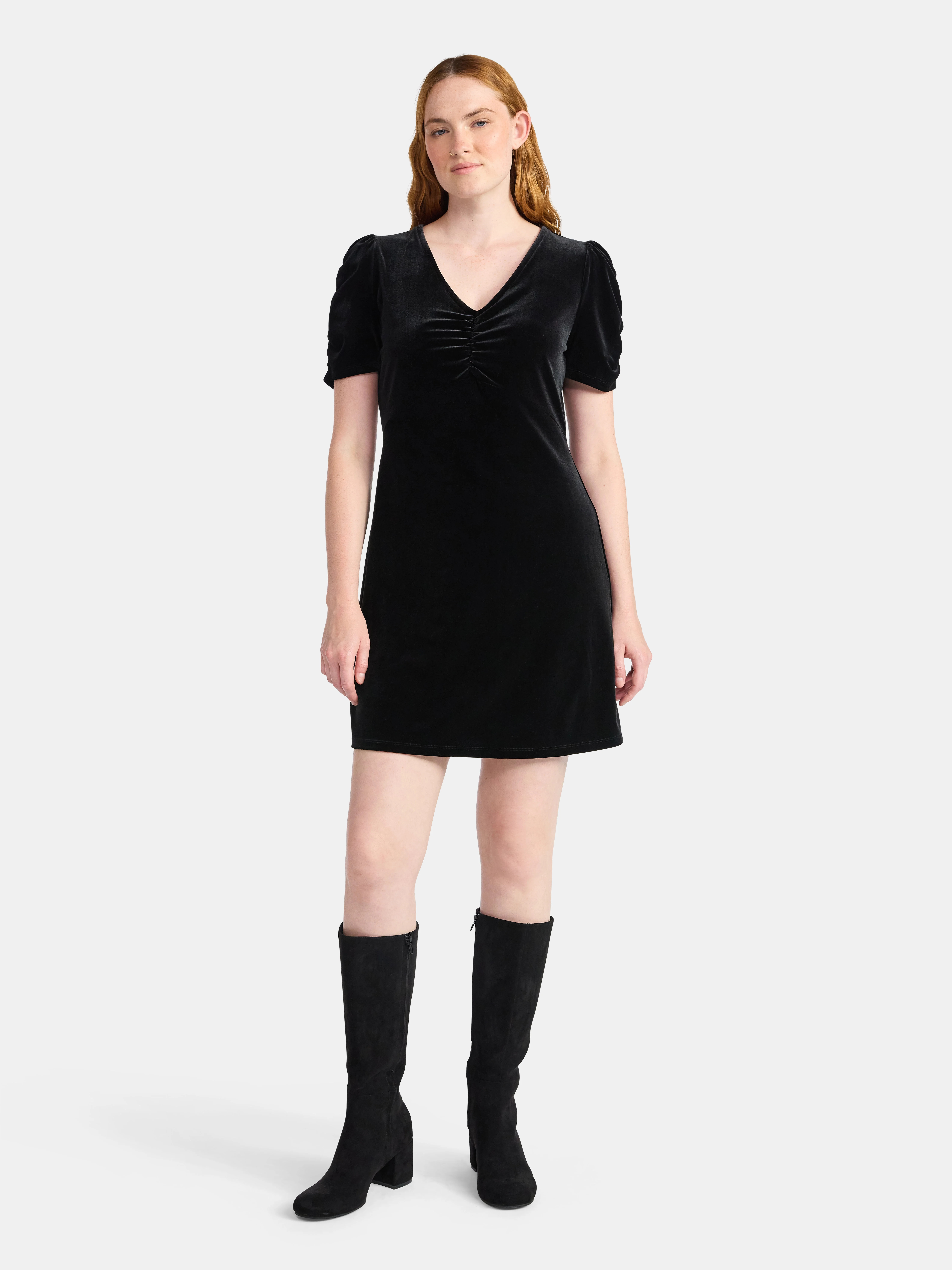 Time and Tru Women's Velvet Mini Dress with Puff Sleeves, Sizes XS-XXXL | Walmart (US)