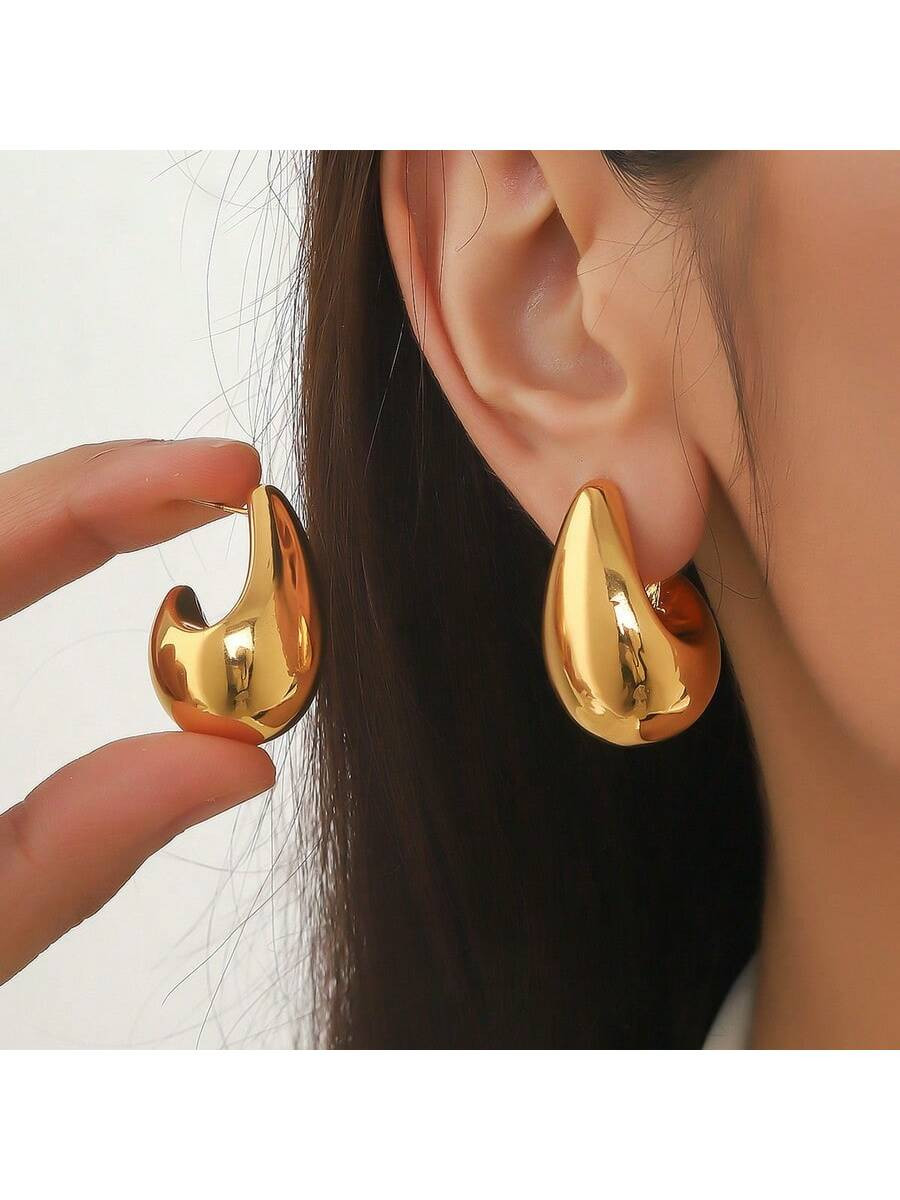 1 Pair Of Simple Geometric Drop-Shaped Chunky Golden Hoop Earrings For Women Lightweight Teardrop... | SHEIN
