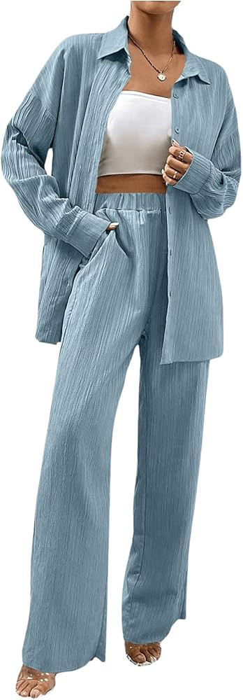 SOLY HUX Women's 2 Piece Outfits Long Sleeve Button Down Shirt and Wide Leg Pants Casual Set | Amazon (US)