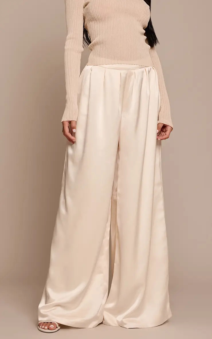 Cream Satin Pleated Wide Leg Trousers | PrettyLittleThing UK
