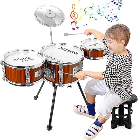 Kids Drum Set Music Toy Drum Set for Toddlers Ages 3-5 Jazz Drum Kit with Stool, 3 Drums Percussi... | Amazon (US)