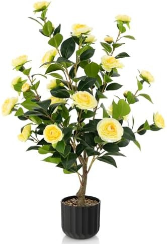 Artificial Camellia Tree, 38” Tall Potted Plant Artificial Decoration w/Cement Pot, 24 Flowers,... | Amazon (US)