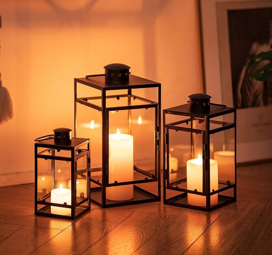 NUPTIO Candle Lantern Black Outdoor: Set of 3 Garden Candle Lanterns Hanging Indoor Decorative Me... | Amazon (UK)