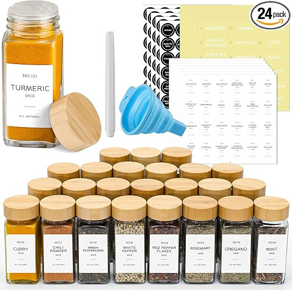 NETANY 24 Pcs Glass Spice Jars with Bamboo Lids, 4 oz Glass Jars with Minimalist Farmhouse Spice ... | Amazon (US)