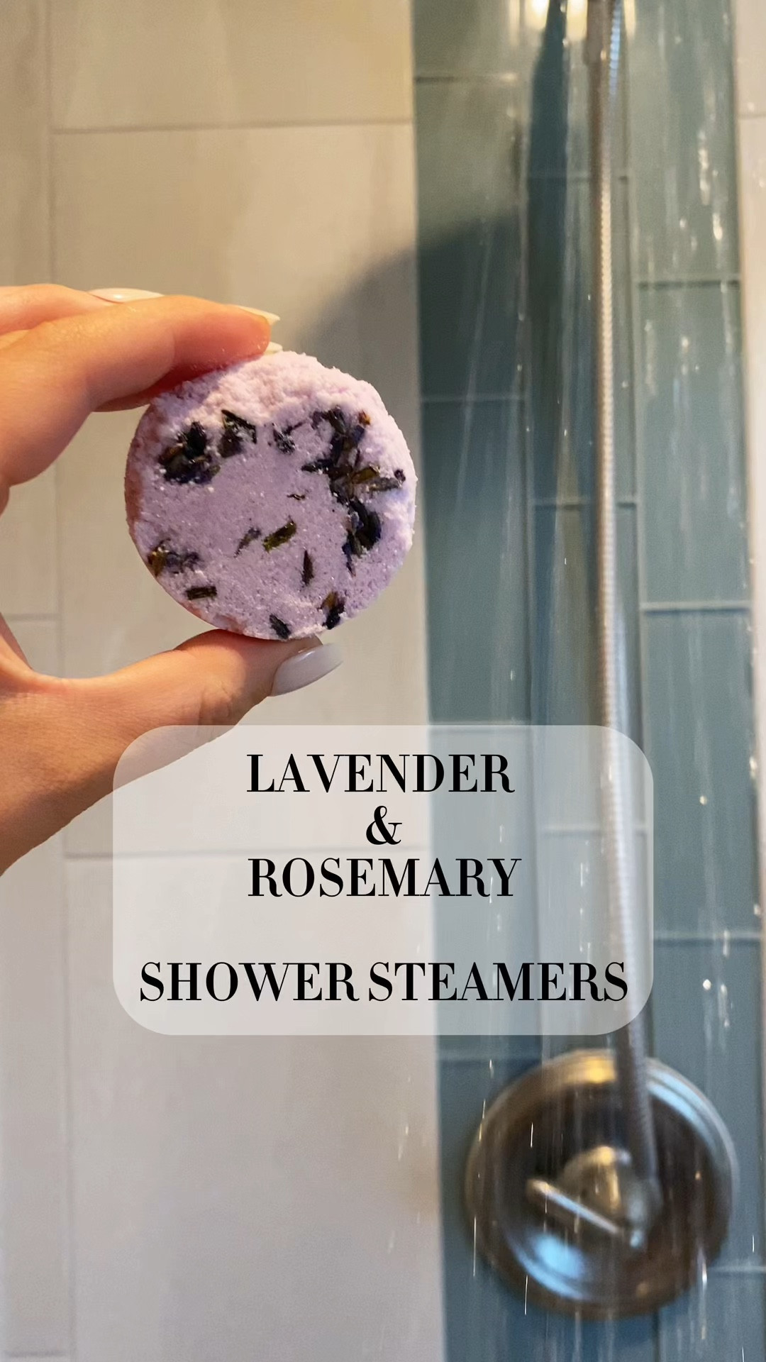 Recipe:
- 1 cup of baking soda
- 1/2 of citric acid
- 1/4 cup of corn starch 
- small spoonful of mica powder 
- 20 drops of lavender, 20 drops of rosemary 

Directions: 
- Mix ingredients together in bowl
- Spray with witch hazel or water until moldable 
- Fill silicone mold with a thin layer of dried lavender flowers 
- Transfer to silicone mold and pat down flat with spoon
- Let sit overnight to harden 

Place the steamer away from the direct stream of water on either the floor of the shower or on the soap shelf. Experiment with positioning until the desired strength is achieved 

#showersteamer #diy
#homemadeshowersteamer #diyshowersteamer #homemadeproducts 

#LTKhome